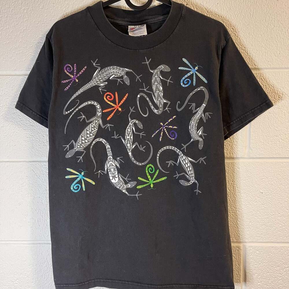 Vintage 90s Tribal Lizard and Dragonfly Graphic T-Shirt Hanes Beefy-T Single Sti
